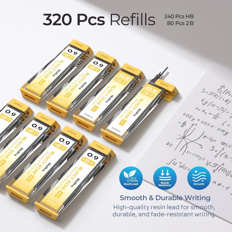 Nicpro Blocky Gear 0.9 mm Mechanical Pencils Set in Case, 3 Pack Metal Pencil 8 Tube with Lead Refills 0.9mm (HB 2B), 3 Erasers for Professional & Adult Art Writing Drafting Drawing - Image 4